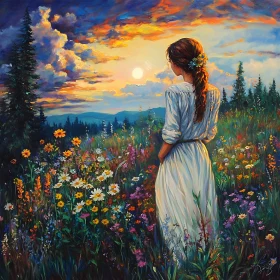 Sunset Serenity: Woman in Floral Meadow