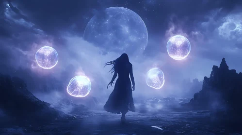 Moonlit Woman with Floating Orbs