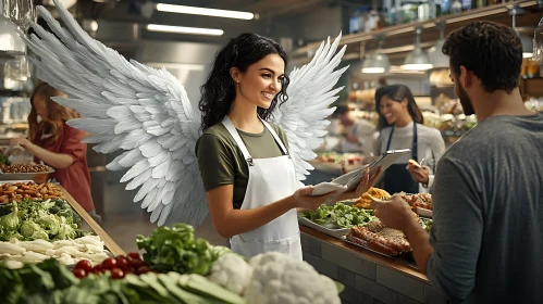 Winged Server at Local Food Market