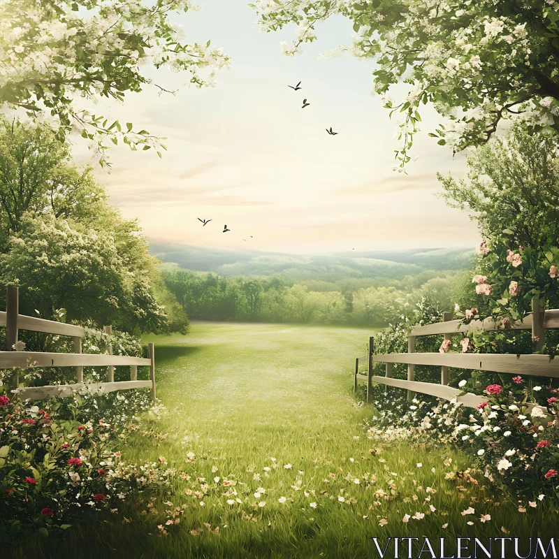 Peaceful Landscape with Flowers and Fence AI Image