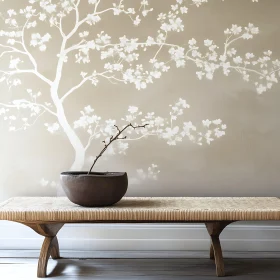 Minimalist Interior with Floral Wall Art and Bench