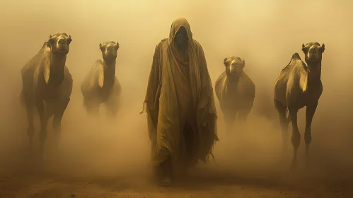 Camels and Mysterious Figure in Desert