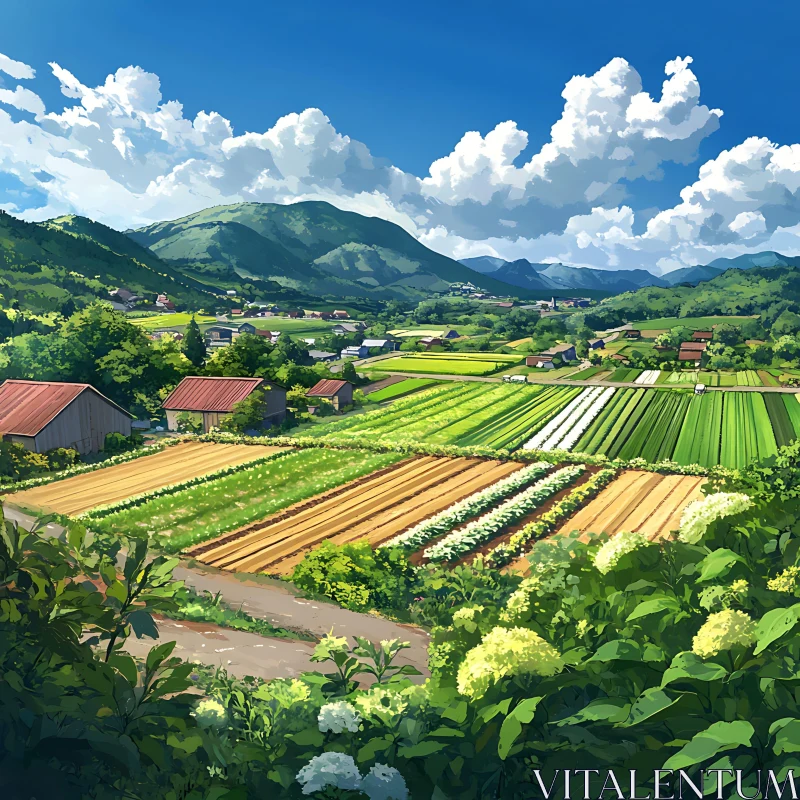 Tranquil Rural Scene with Cultivated Fields AI Image