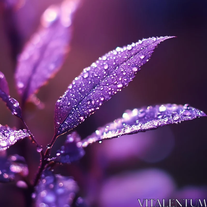 AI ART Macro Shot of Purple Dew-Covered Leaves