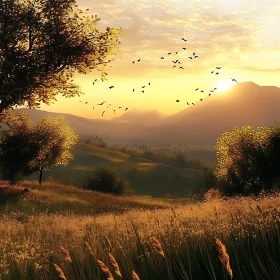 Peaceful Sunset Landscape with Birds