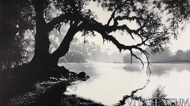 AI ART Serene River Scene in Monochrome