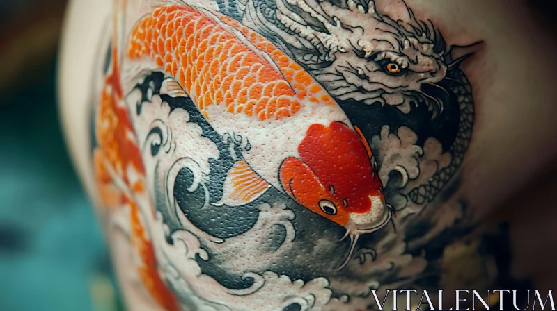 Koi Fish and Dragon in Traditional Tattoo Art AI Image