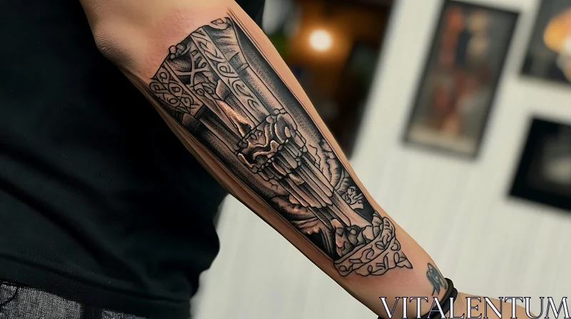 Detailed Forearm Tattoo with Black Ink Architectural Design AI Image