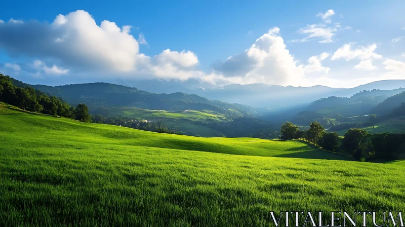 Green Field with Hills and Clouds AI Image