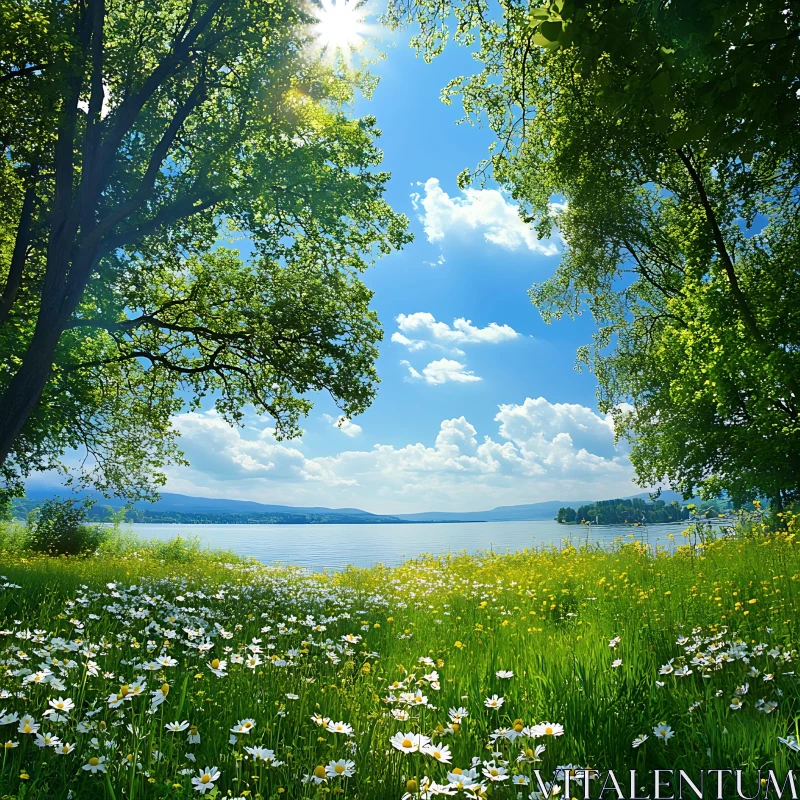 AI ART Tranquil Lake Scene with Blooming Meadow