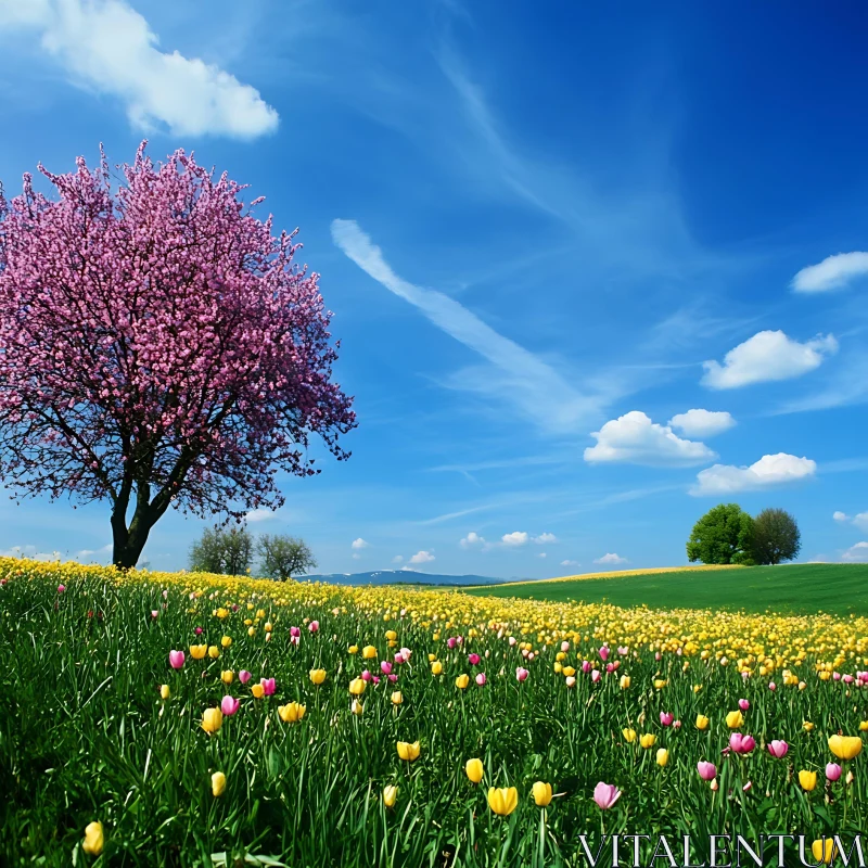 AI ART Pink Tree and Yellow Flower Meadow