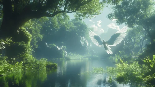 Ethereal Angel Over Forest Pond