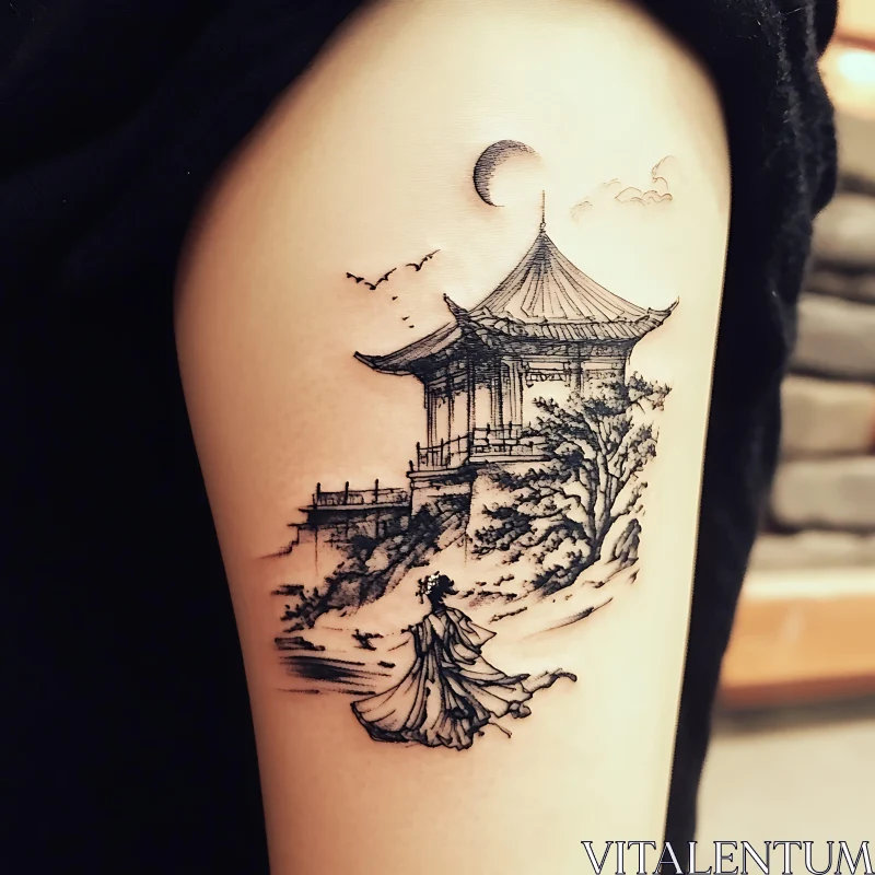 Serene Eastern-Style Pavilion Arm Tattoo AI Image