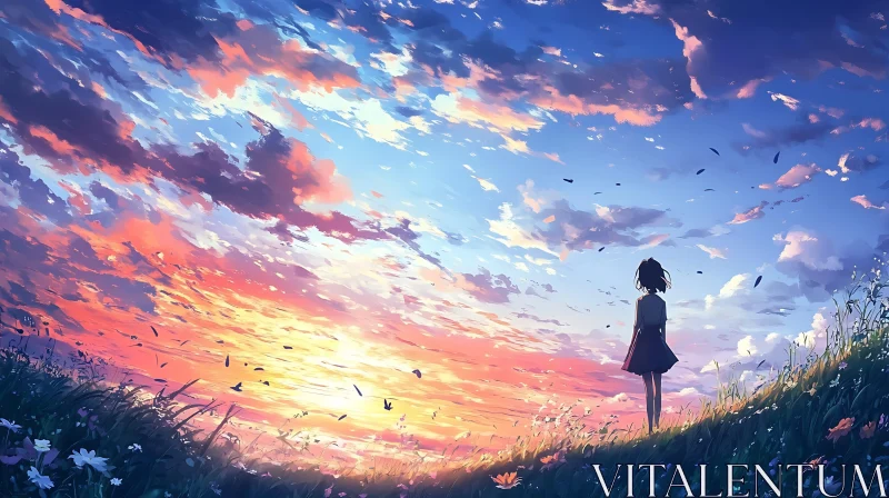 AI ART Contemplative Sunset Scene with Anime Character