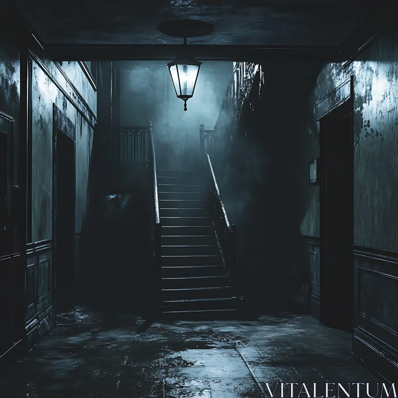 Mysterious Dark Hallway with Stairs AI Image