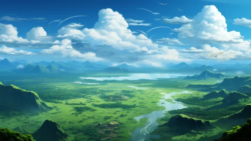 Anime Style Landscape Illustration with Clouds and Water