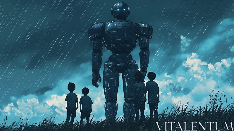 Children and Robot in the Rain AI Image