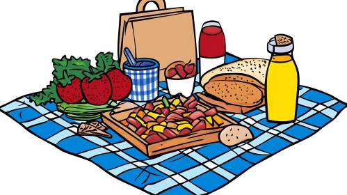 Picnic Spread on Blue Checkered Blanket