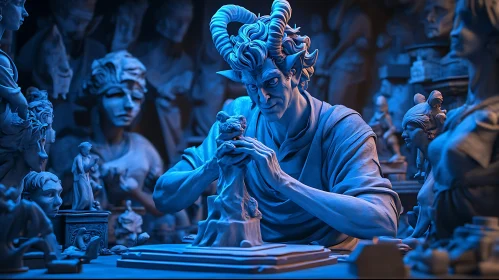 Blue Toned Horned Figure Sculpting Art