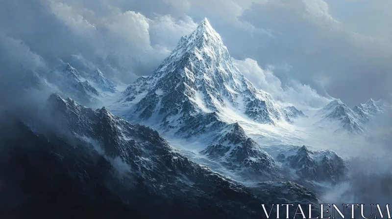 Snowy Mountain Peak in a Misty Landscape AI Image