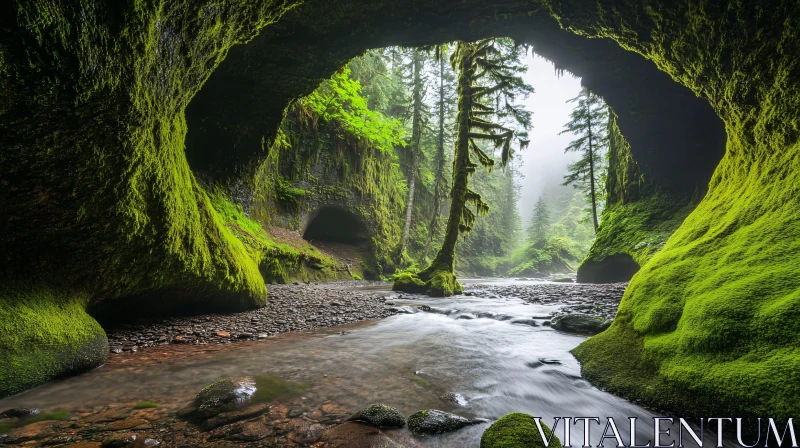 AI ART Peaceful Cave Oasis with Green Moss and Running Water