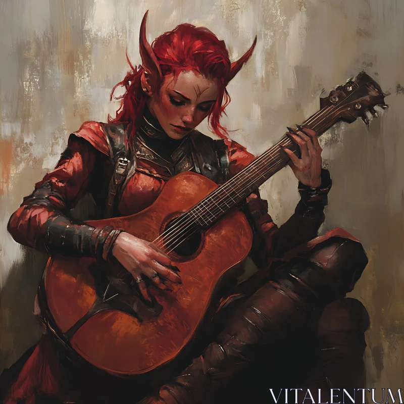 AI ART Red-Haired Tiefling Playing Guitar