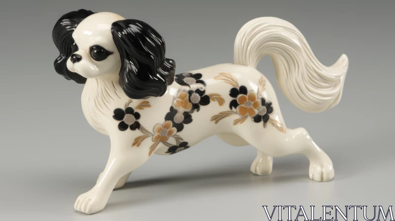 Japanese-Inspired Ceramic Dog Figurine with Embroidered Flowers AI Image