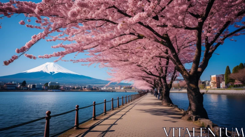 Serene Beauty: Pink Tree, Lake, and Mt Fuji - Captivating Cherry Blossoms AI Image