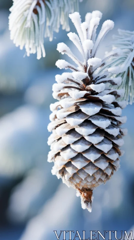 Snowy Pine Cone Hanging from a Tree: A Winter's Tale AI Image