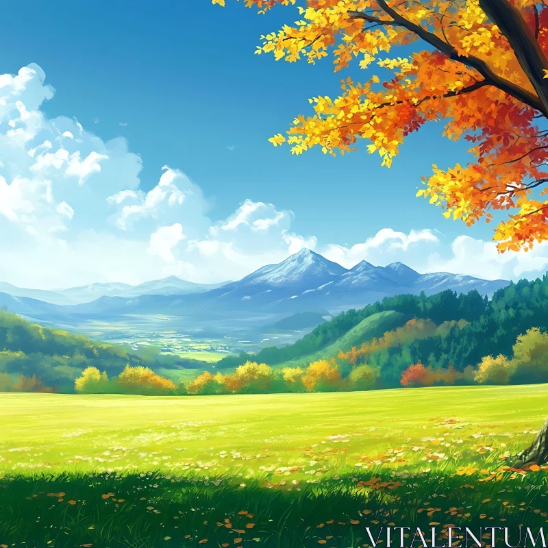 Autumnal Vista: Meadow and Distant Mountains AI Image