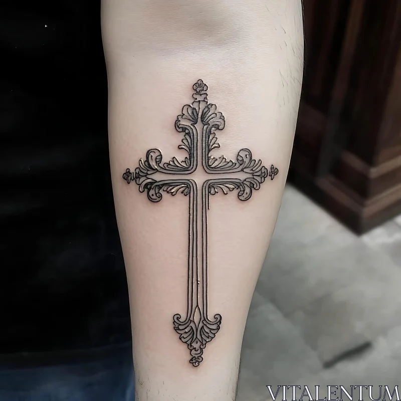 Detailed Black Ink Cross Tattoo on Arm AI Image