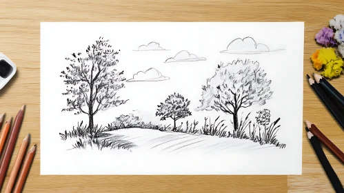 Serene Landscape Charcoal Drawing