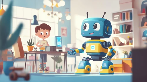 Cartoon Boy with Robot Friend