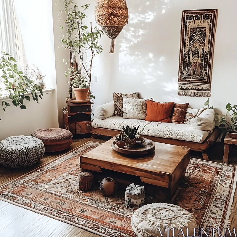 AI ART Bohemian Style Living Room with Plants