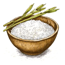 Wooden Bowl of White Rice with Rice Stalks