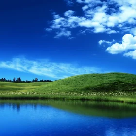 Scenic Lake Reflection with Green Hill