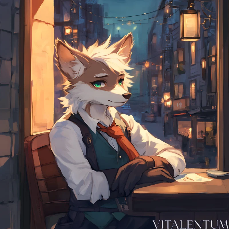 Anthropomorphic Fox Contemplating City Lights AI Image