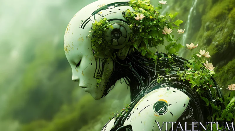 Nature-Infused Cyborg with Blooming Flowers AI Image