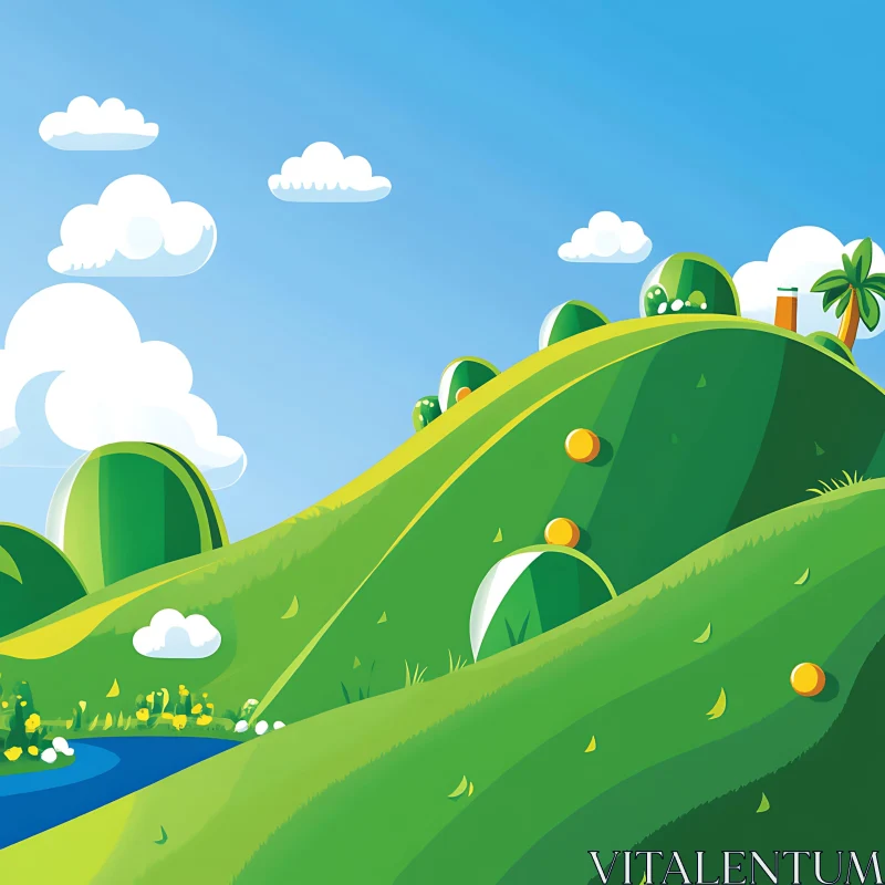 AI ART Cartoon Green Hills Under Blue Sky