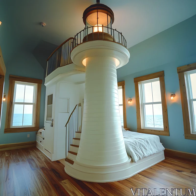 Unique Lighthouse-Themed Bedroom with Ocean View AI Image