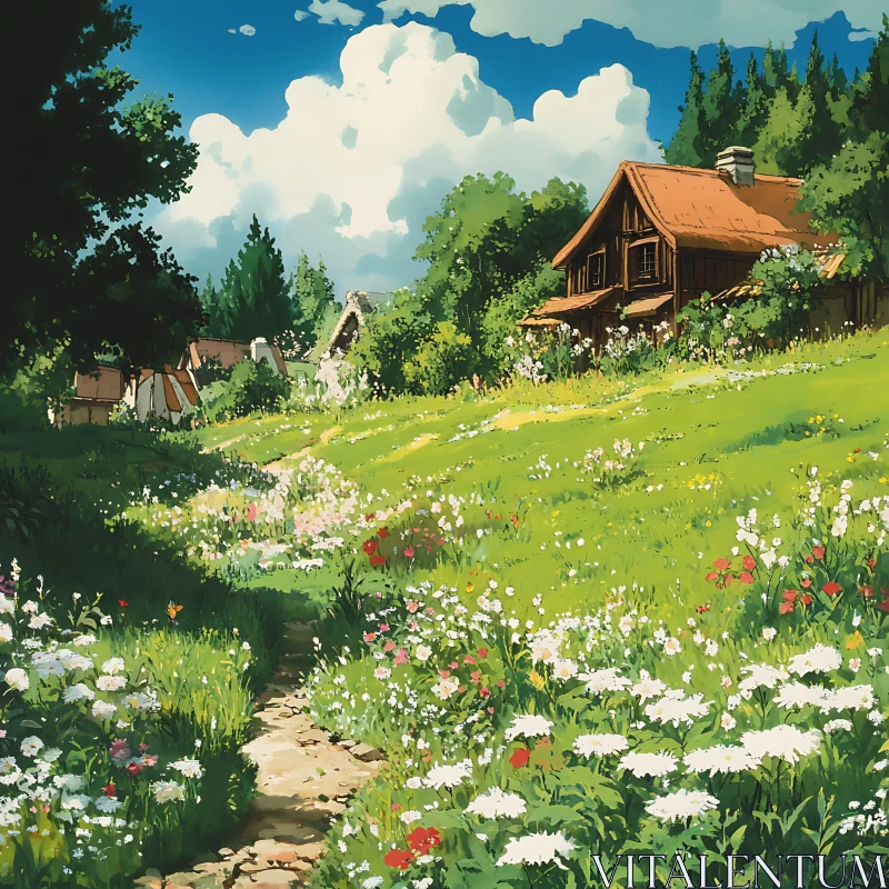 Peaceful Cottage in a Flower Meadow AI Image