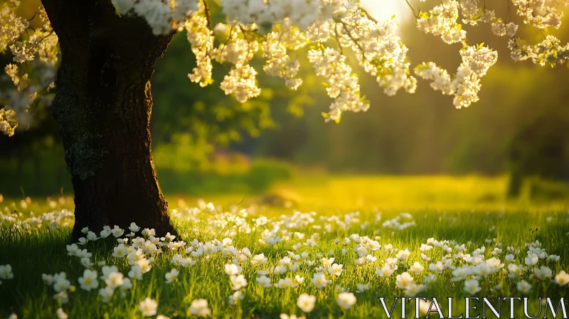 Spring Meadow with Flowers and Tree AI Image