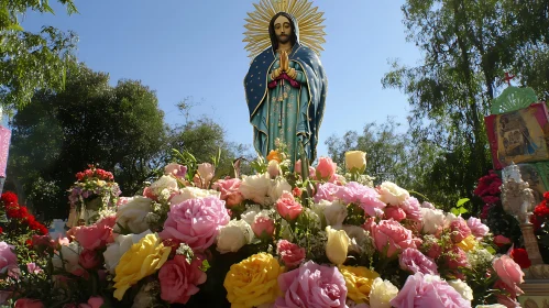 Floral Tribute to a Religious Statue