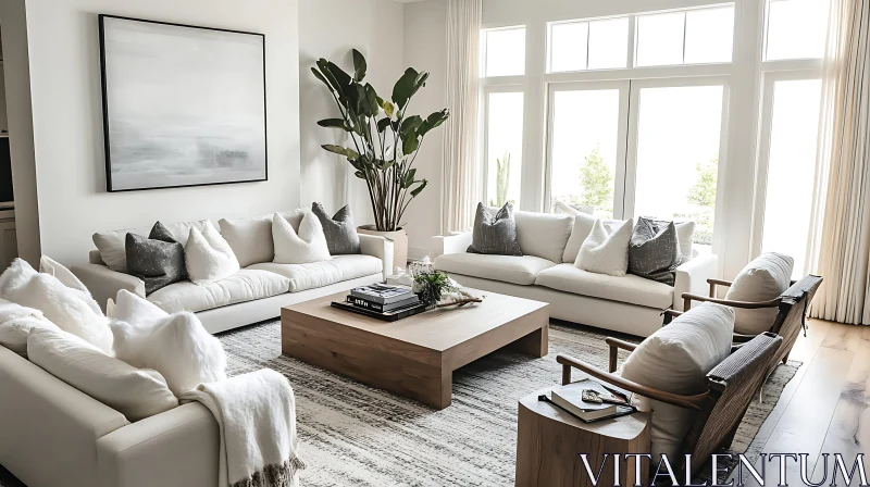 Modern Interior with White Sofas and Wood Accents AI Image