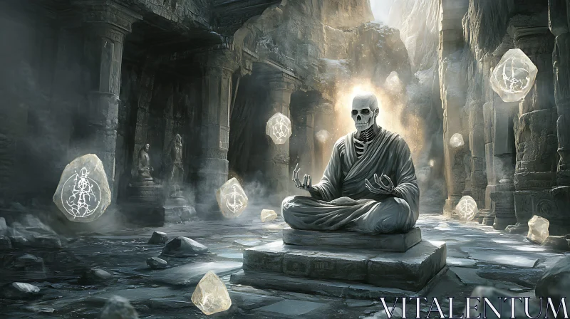 Meditating Skeleton Monk in Ancient Temple AI Image