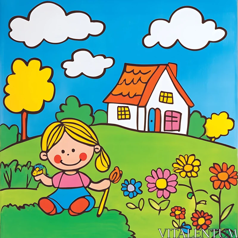 Whimsical Girl with Flowers and House AI Image