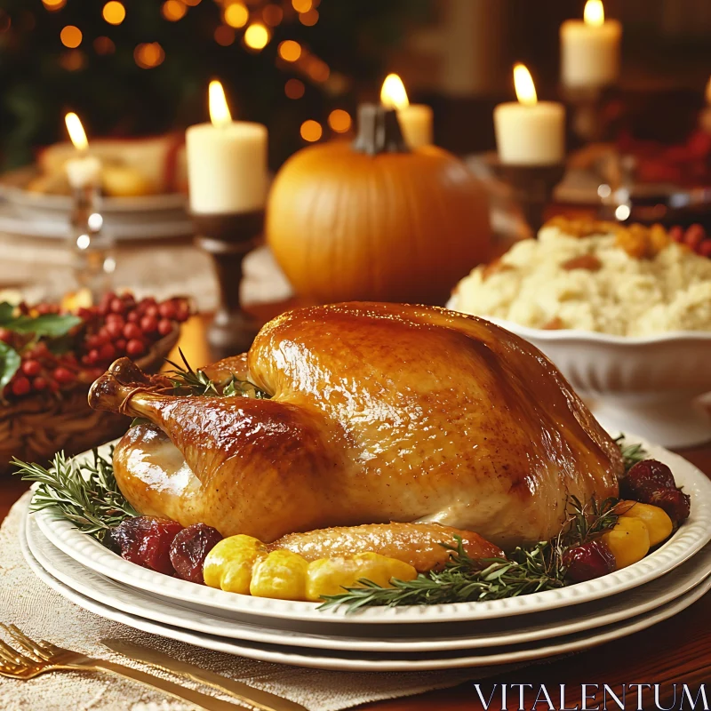 Festive Thanksgiving Table with Roasted Turkey AI Image