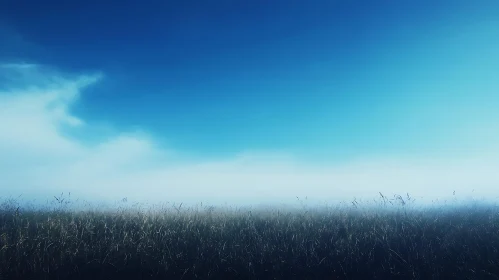 Foggy Field with Grass and Blue Sky