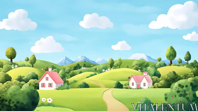 AI ART Cartoon Houses in a Green Landscape