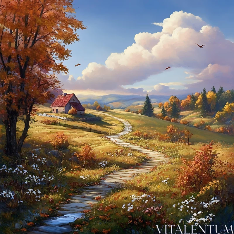 Scenic Autumn Path Leading to Quaint House AI Image